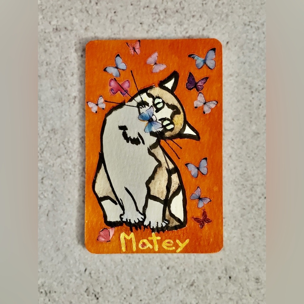 ACEO Original Art Card Matey & Butterflies 2.5x3.5" Original Artist Trading Card